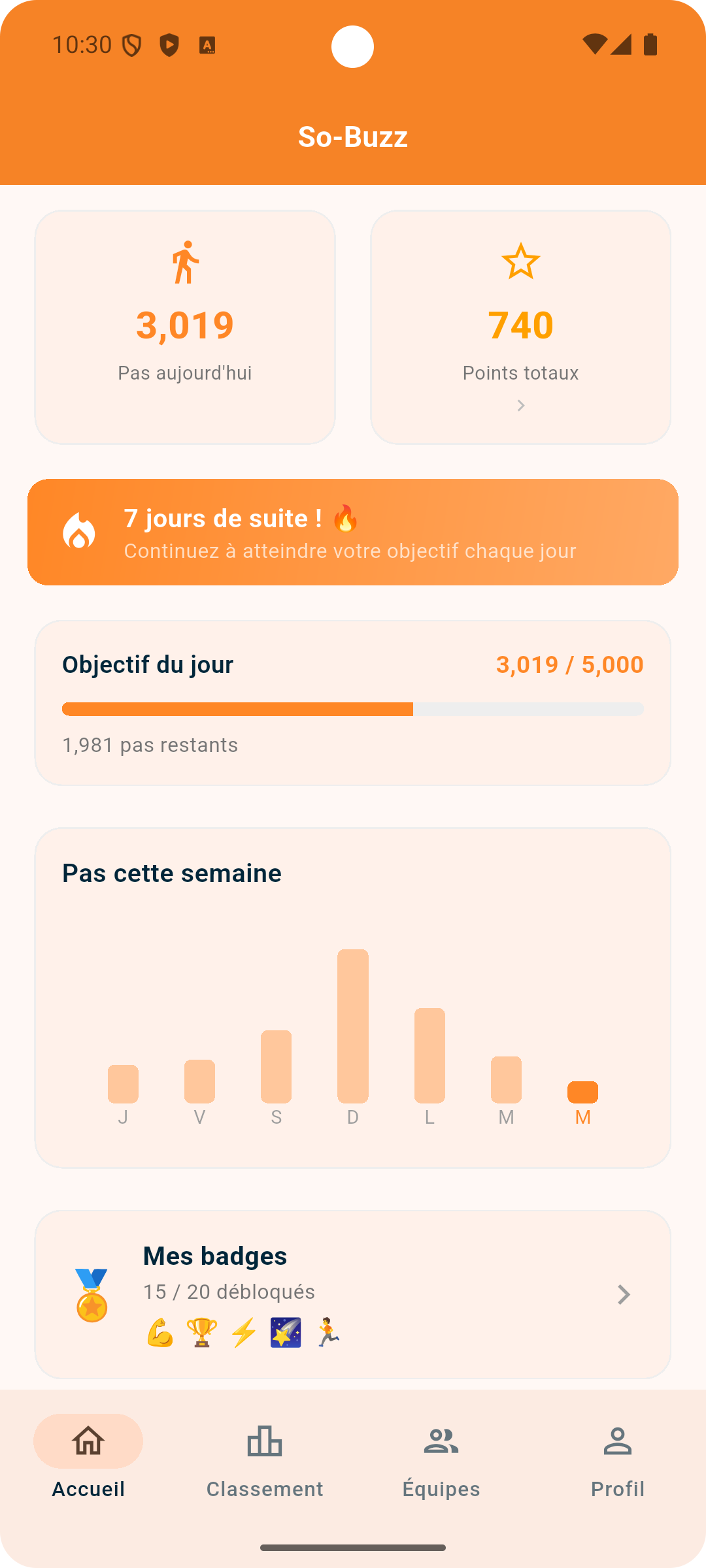 Dashboard WALK&Co Android — mode pas